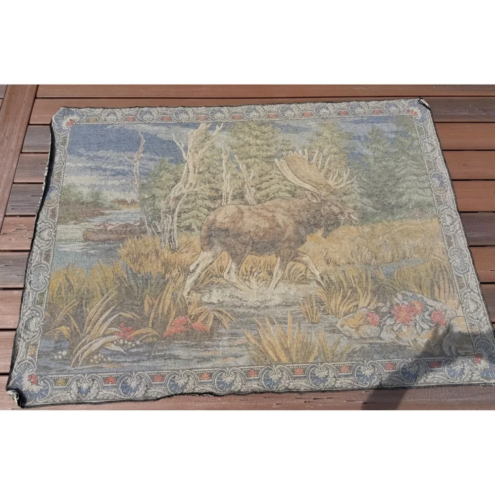 Vintage  Moose Tapestry Wall Hanging Scenic Wildlife Cabin Lodge Deco 68x47